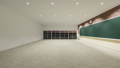 3d rendering of classroom interior and wood floor and empty green board background.