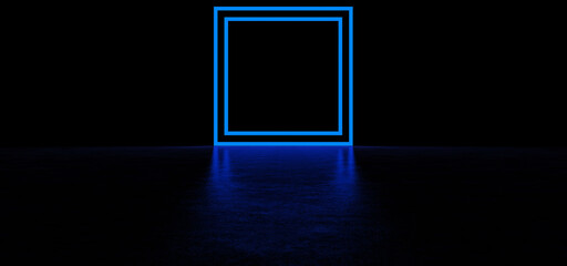 Glowing blue square in a dark space. Luminous geometric figure. 3D Render