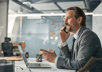 Office manager talking on mobile phone and sitting at the desk