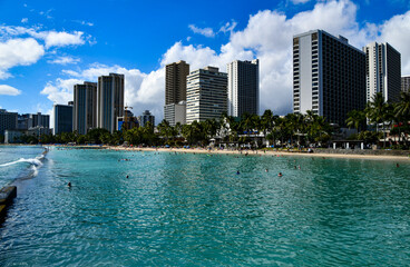Fototapeta na wymiar Panorama View Of Waikiki Beach Buildings