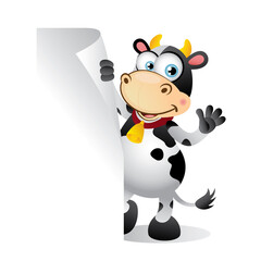 Funny cartoon cow standing behind Blank Sign