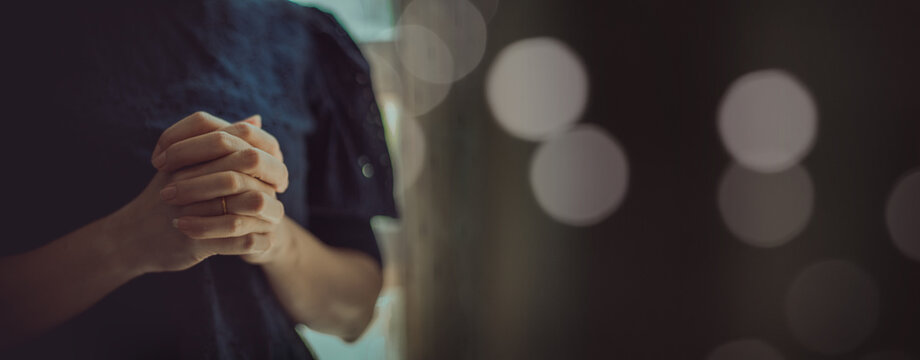 Close up of woman hands pray at church, Pray to God with blank space for text.