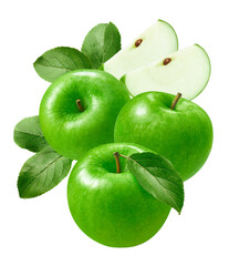 Green apples with leaves isolated on white background