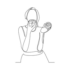 Continuous line drawing of woman hold and eat sweet donut in closeup portrait. Vector illustration
