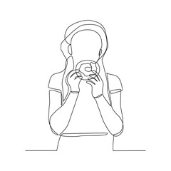 Continuous line drawing of woman hold and eat sweet donut in closeup portrait. Vector illustration