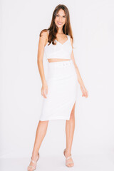 young woman in a dress, isolated on white.