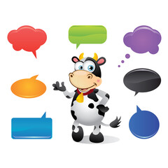 Funny cow cartoon talking with speech bubbles