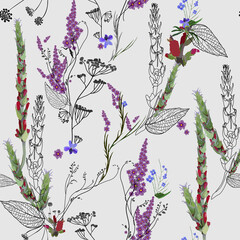 Romantic light seamless pattern with field plants purple flowers, pods, leaves and inflorescences. Elements of plants, their contours and silhouettes are arranged randomly. Vector image on a light