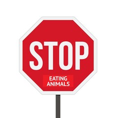 Vegan activism sticker. Sign with the sticker: Stop eating animals campaign. Protest illustration.
