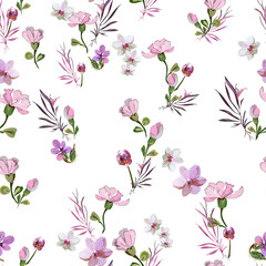 Obraz na płótnie Canvas Delicate cute floral pattern with little pink flowers of orchids, violets, roses and buds on a white background. Seamless vector with botanical elements arranged randomly. For textile, wallpaper, tile