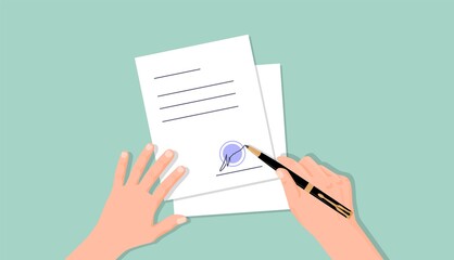 Hands put signature on document. Document work agreement officially certified signature and blue seal,symbol contract employment and financial partnership corporate loan vector offer.