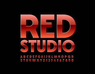 Vector modern logo Red Studio with Glossy Bright Font. Trendy Alphabet Letters and Numbers