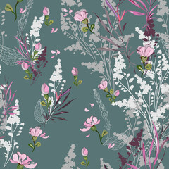 Romantic floral pattern with many varieties of elements on a gray background. Seamless vector with silhouettes, contours and drawings of flowers, stems and leaves arranged randomly. For textile