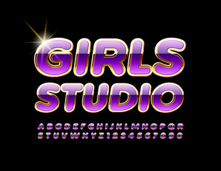 Vector glmour logo Girls Studio. Glossy Violet and Gold Font. Luxury Alphbaet Letters and Number