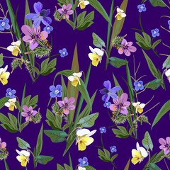 Bright floral abstract seamless vector isolated pattern. Trendy art style on a dark blue background. Spring, summer field plants for the design of backgrounds, textiles, wallpaper, postcards, ceramics