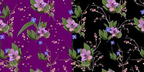 Flower set. Seamless vector isolated pattern. Trendy art style on a purple and black background. Spring, summer field plants for the design of backgrounds, textiles, wallpaper, postcards, ceramics