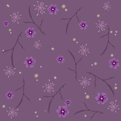 Floral abstract seamless vector isolated pattern. Trendy art style on a purple background. Spring, summer field plants for the design of backgrounds, textiles, wallpaper, postcards, ceramics