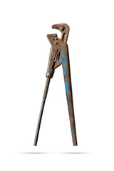  old rusty blue painted adjustable spanner isolated on a white background
