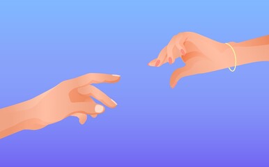 Female and male hand drawn to each other. Romantic love relations friendly communication guy and girl meet after long separation symbol of hope and restoration past cartoony vector ties.