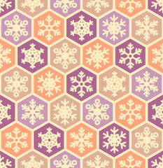 Seamless pattern honeycomb style with different snowflakes inside