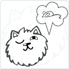 hand-drawn cute cat with a mouse, monochrome vector drawing