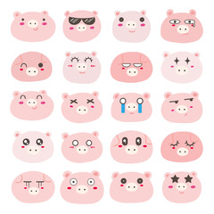 Set of pig face emoticons, Cute pig character design. Vector illustration.