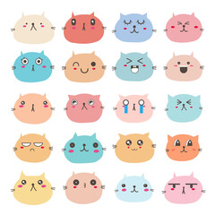 Set of cat face emoticons, Cute cat character design. Vector illustration.