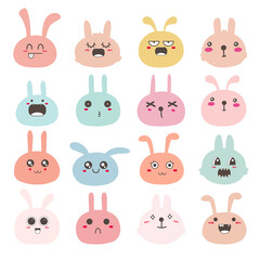Set of bunny face emoticons, Cute rabbit character design. Vector illustration.