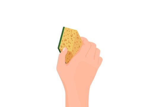 Hand holds paralon sponge. Yellow tool for erasing information from board washing dishes and cleaning house necessary item cleaning vector mashing functions.