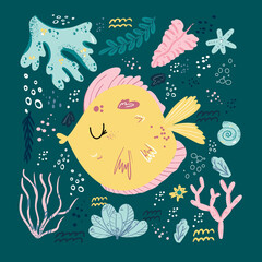 Fish cute doodle hand drawn flat vector illustration. Wild sea marine animal vector, poster floral background. Grass branches with leaves, flowers and spots design element. Sea, ocean, marine.