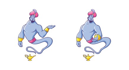 Genie from lamp. Magical character with smile in red Arabic turban gold bracelets emerges from ancient vessel cartoon kind character traditional Persian tale powerful magical vector creature.