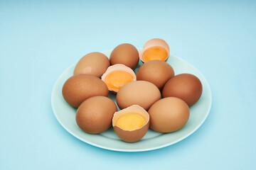 Chicken eggs on a saucer, a plate. Food, protein in foods.