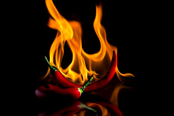 Red pepper on fire with reflection