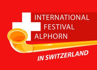 Alphorn international festival in Switzerland, Vector invitation banner template for web site with title and neutral red background.