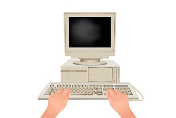 Fototapeta premium Hands are typing on computer keyboard. Online workplace behind retro pc stylish equipment for modern web work communication business vector marketing use.