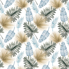 Fototapeta na wymiar Beautiful seamless pattern with watercolor tropical leaves. Stock illustration