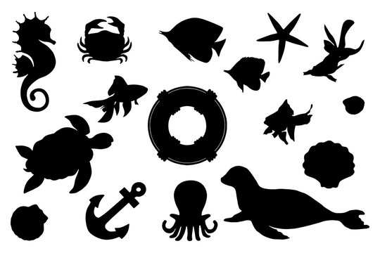 Sea, marine silhouettes silhouettes. Clip art set on white background