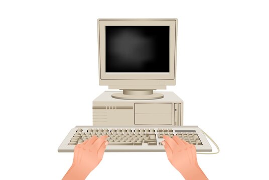 Hands are typing on computer keyboard. Online workplace behind retro pc stylish equipment for modern web work communication business vector marketing use.