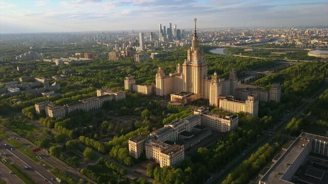 moscow city state university sparrow hills aerial sunset flight over panorama 4k russia