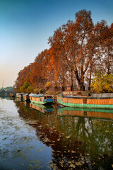 A lot of parked houseboats at Jhelum river in Srinagar, Jammu and Kashmir, India