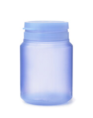 Front view of blue empty plastic jar