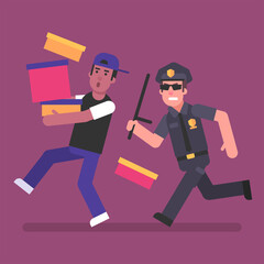 Policeman runs after afro american man. Flat people