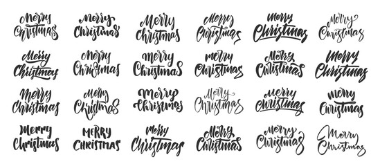 Big set of Handwritten brush lettering of Merry Christmas on white background.