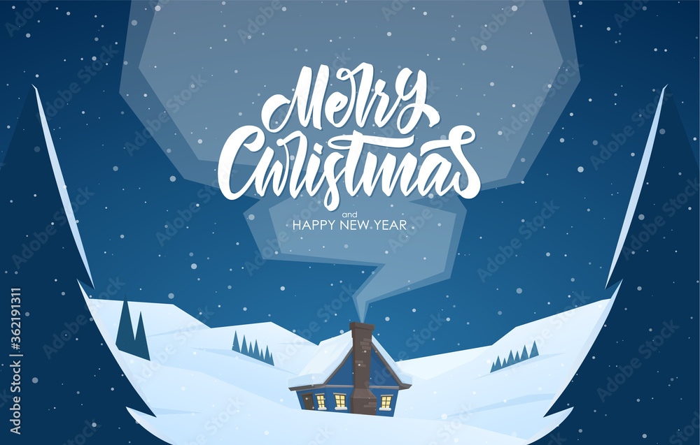 Wall mural christmas winter landscape with cartoon house and handwritten lettering of merry christmas