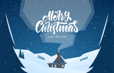 Fototapeta na wymiar Christmas winter landscape with cartoon house and handwritten lettering of Merry Christmas