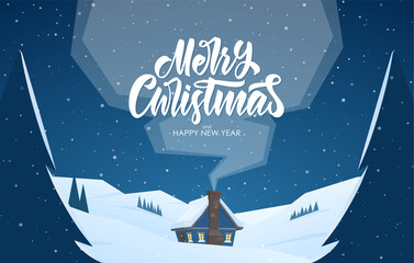 Christmas winter landscape with cartoon house and handwritten lettering of Merry Christmas