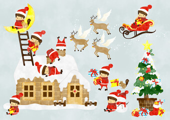 お菓子の家とクリスマスとサンタクロースのベクターイラスト素材セット