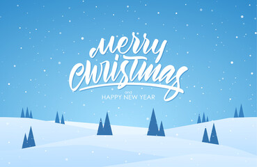 Handwritten elegant modern brush lettering of Merry Christmas on blue winter background.