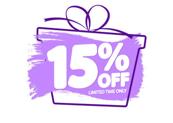 Sale 15% off, banner design template, discount tag, grunge brush, lowest price, vector illustration