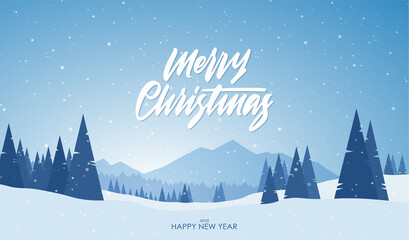 Blue mountains winter snowy landscape with hand lettering of Merry Christmas and pine forest on foreground.
